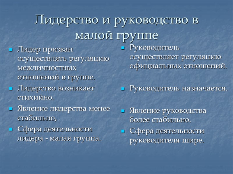 Лидерство и руководство в малой группе Лидер призван осуществлять регуляцию межличностных отношений в группе.